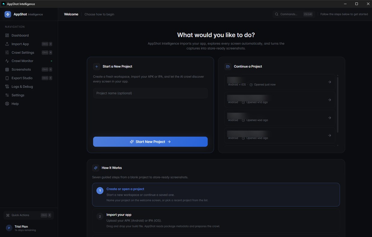 AppShot Intelligence welcome screen — start a new project or continue a saved one