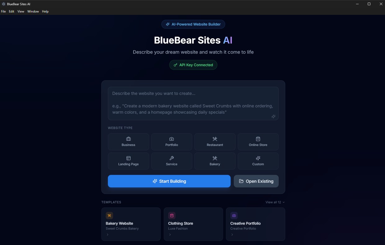 BlueBear Sites AI — describe a website, pick a type, and start building